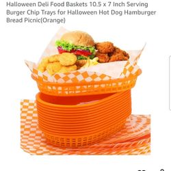 24 Pcs Fast Food Baskets with 100 Deli Liners Halloween Deli Food Baskets 10.5 x 7 Inch Serving Burger Chip Trays for Halloween Hot Dog Hamburger Brea
