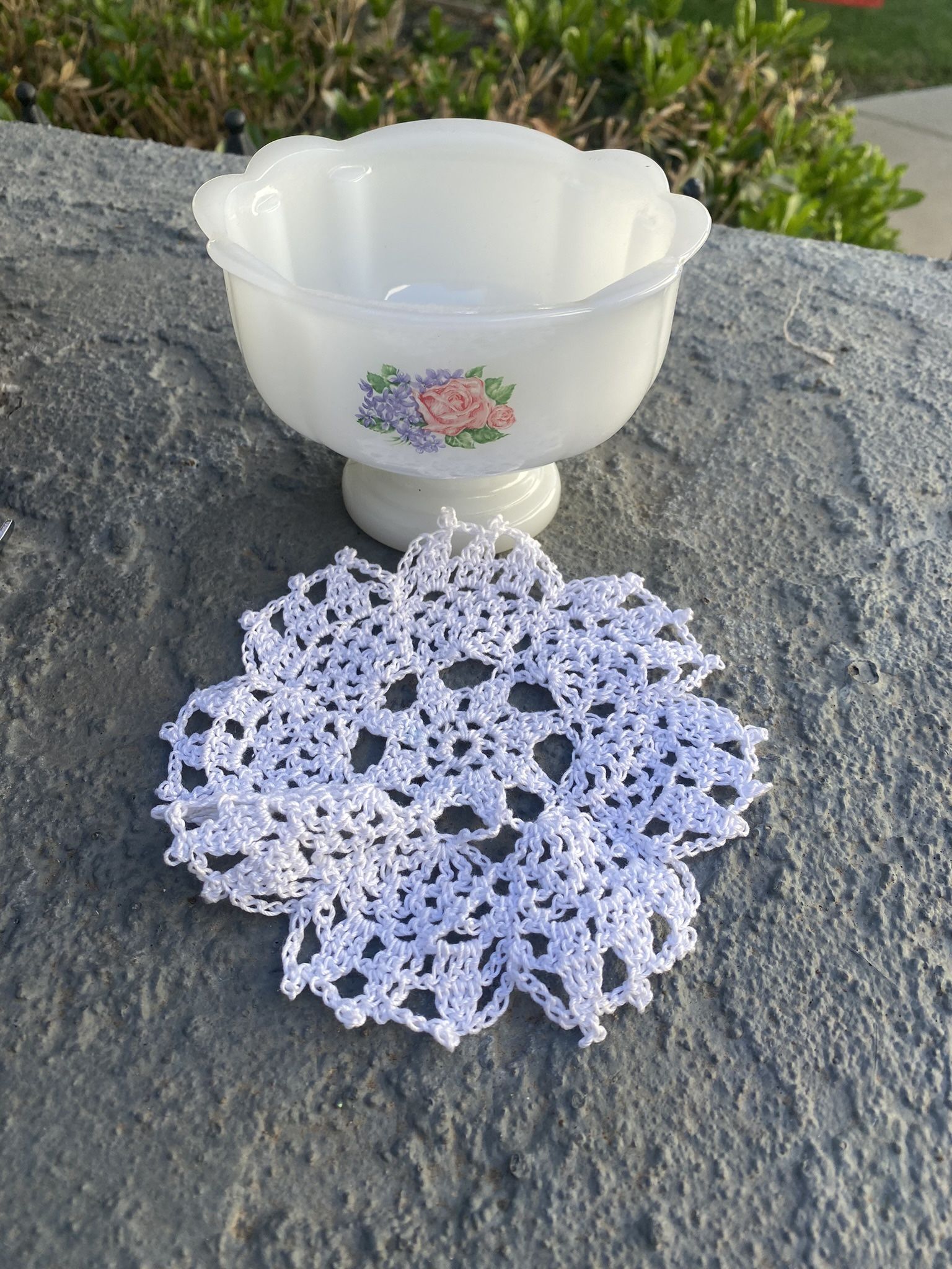 Vintage Avon Milk Glass Pedestal And Doily