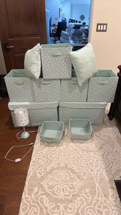 Pillowfort Nursery Storage Bins, Lamp And Pillows