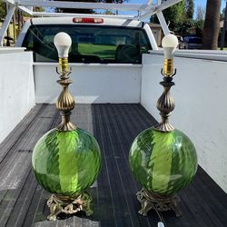 Mid Century Modern Hollywood Regency Green Glass Globe Pair of Lamps
