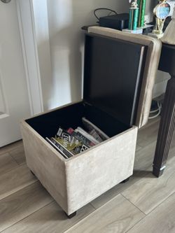 Velvet Ottoman Beige and Dark Brown Wood