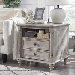 T4TREAM 24'' Farmhouse End Table w/4 Solid Wood Feet, Large 2 Drawers Wide Sofa Side Table with Charging Station, Tall Rustic Wood Square Nightstand f