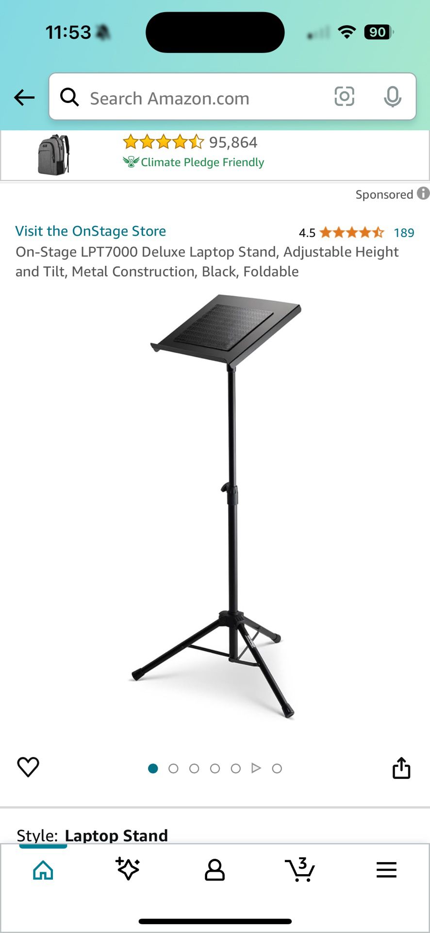 On-Stage LPT7000 Deluxe Laptop Stand, Adjustable Height and Tilt, Metal Construction, Black, Foldable
