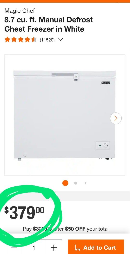 Chest Freezer 8.7 Cu Ft LED Interior Light Manual Defrost WHITE Magic Chef
