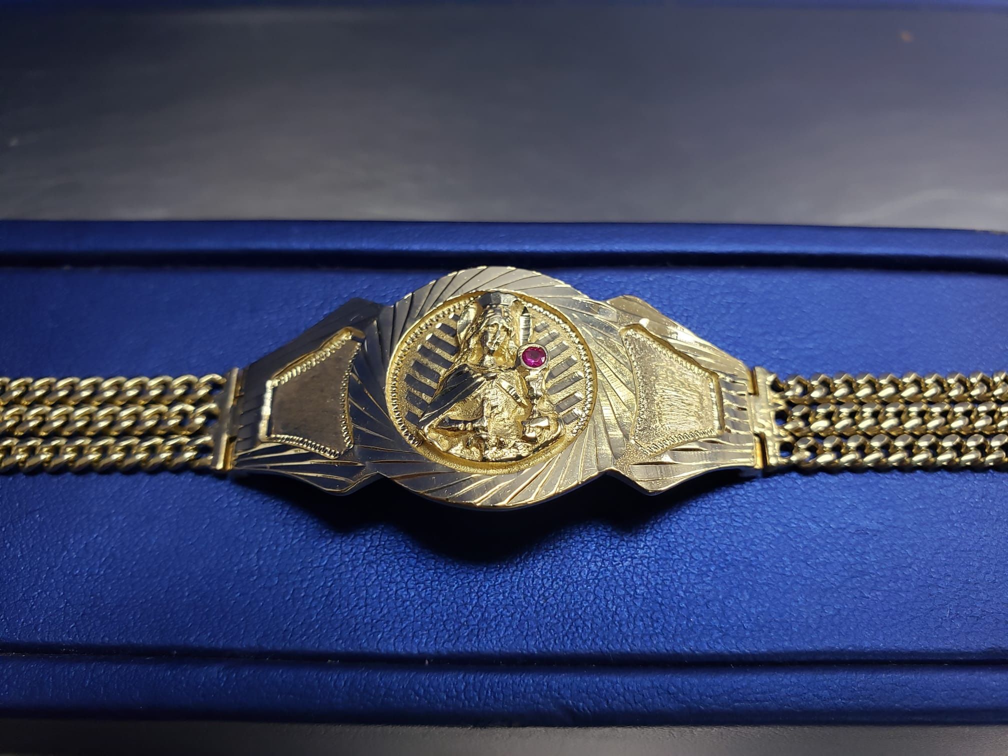 14K Yellow Gold Triple Cuban Link Saint Barbara With Ruby Stone Bracelet 8.5”