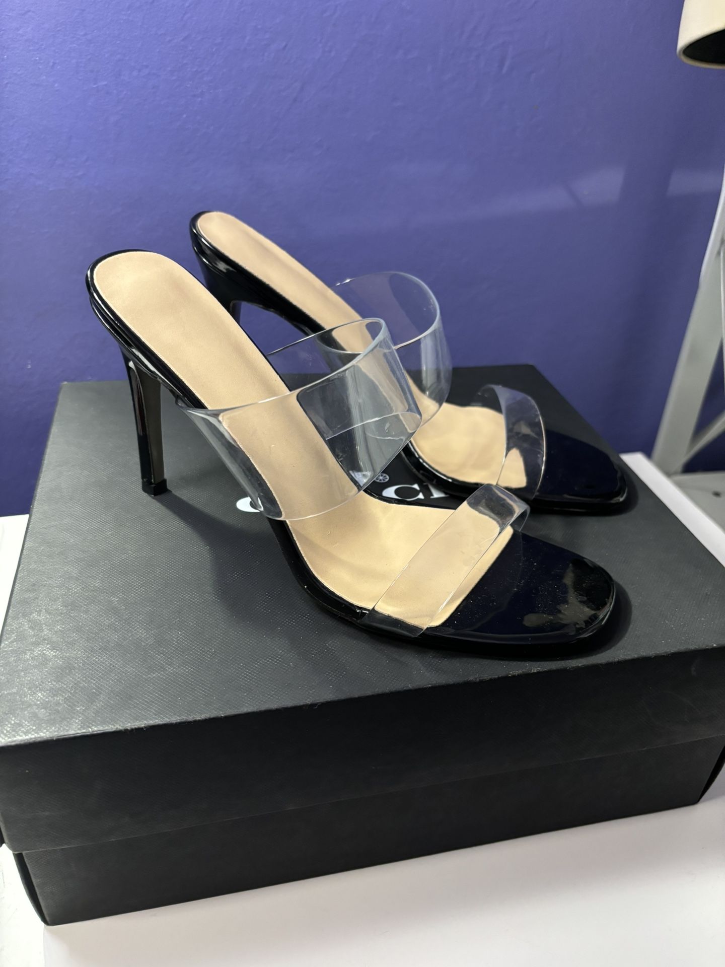 Clear Strap Black Stiletto/ Heel