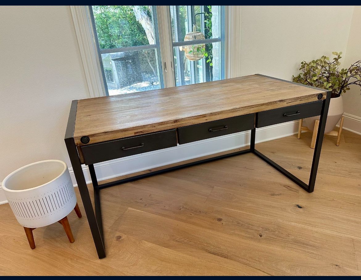 *Moving Office Sale* Industrial Acacia & Metal 64" Writing Desk
