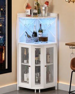 White Corner Bar Cabinet with LED Lighting