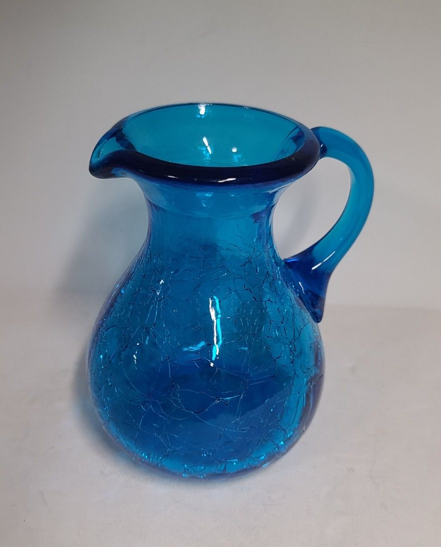 Vintage Minature Blue Crackle Glass Pitcher 