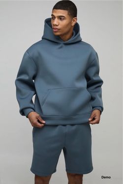 boohooMAN Oversized Boxy Bonded Scuba Short Hooded Tracksuit - slate (Large)