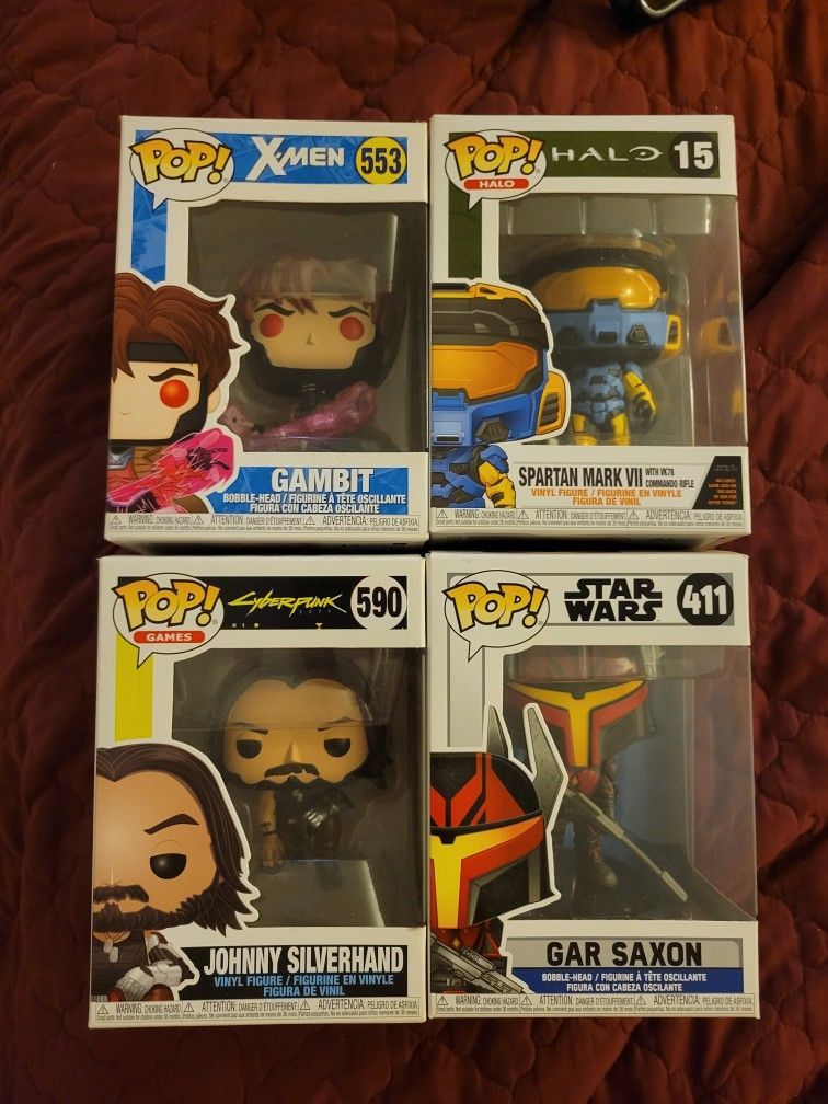 4 Funko Pops (Gambit, Spartan, Gar Saxon, Johnny Silverhand)