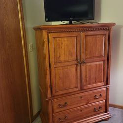 Beautiful Oak Storage Cabinet Or Clothes Closet With Shelves And Two Large Drawers