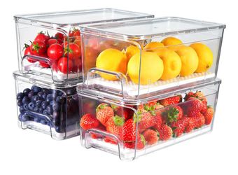 4-Pack Refrigerator Drawer Organizer Bins, Clear Stackable Pull Out Fridge Organizers and Storage Container, with Strainer Layer for Fruits, Vegetable