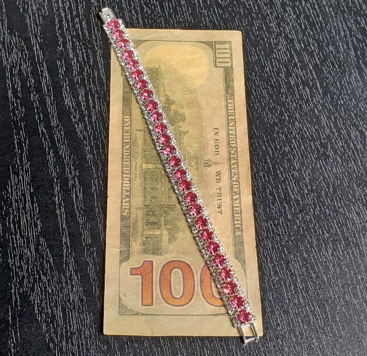7.25 Inch White Gold Filled Pink Crystal Tennis Bracelet