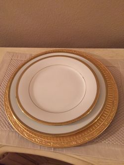 Gold plated fine dining plates, bowls, charger, cup