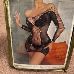 New one size black fishnet rhinestone mini Bodycon dress lingerie sheer shor