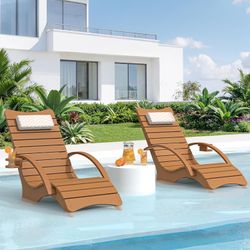 Set of 2 Pool Lounge Chairs with Armrest & Cupholder, Teak
