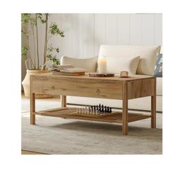 Dowinx Boho Coffee Table with Storage, 42" Wood Coffee Table for Living Room, 2 Storage Drawers and Open Rattan Shelf, Rectangular Living Room Coffee 