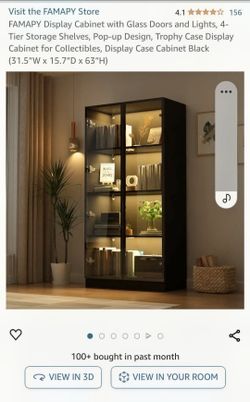 FAMAPY Black Glass Door Display Cabinet with Lights