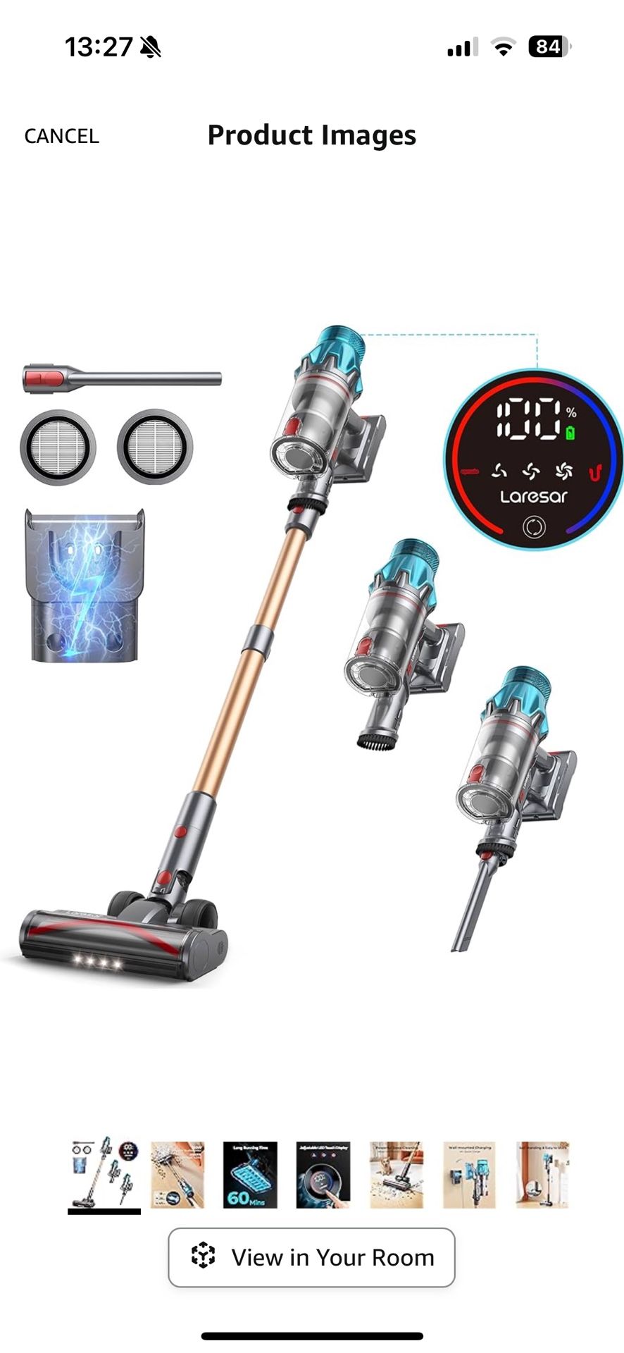 Laresar Cordless Vacuum Cleaner, 550W/45Kpa Stick Vacuum Cleaner with Touch Screen, Up to 60Mins Runtime, Anti-Tangle Vacuum Cleaner with Charging Sta