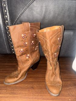 Seychelles Brown Leather Cowboy Boots with Floral Embroidery