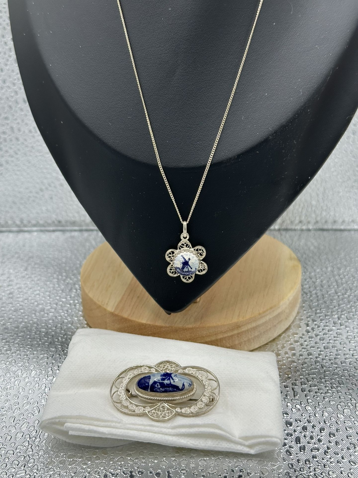 Vintage Delft Sterling Silver Necklace & Brooch Blue Painted Windmill Scene On Each Good Condition
