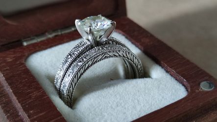 14K White Gold Rose w/ Round Forever One 2.5ct Engagement & Wedding Band Ring Set