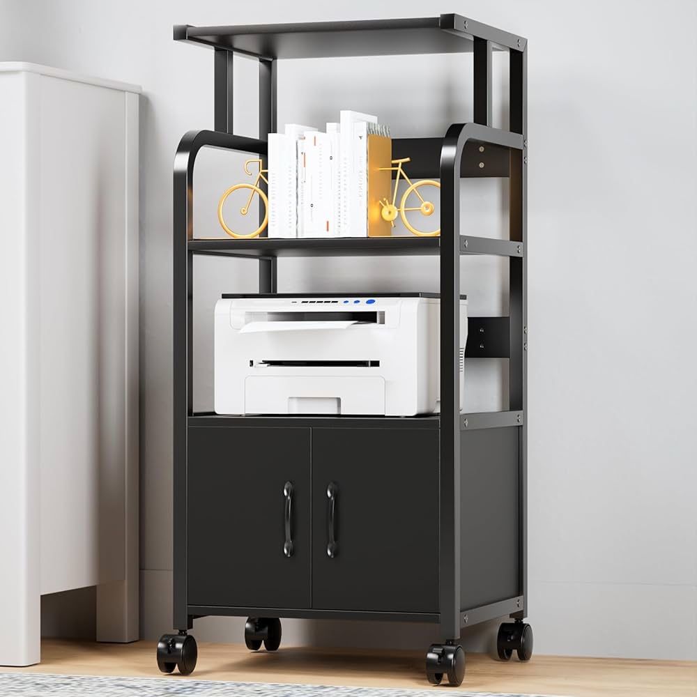 Mobile Printer Stand, 4-Tier Large Tall Printer Table with Wheels, for Home Office Storage and Organization, Stand for Heat Press Mini Fridge PC (Blac