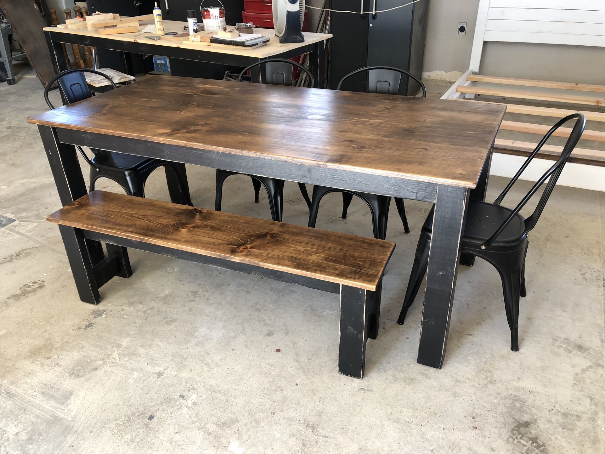 6 Ft Distressed Table With Bench & 4 Metal Chairs