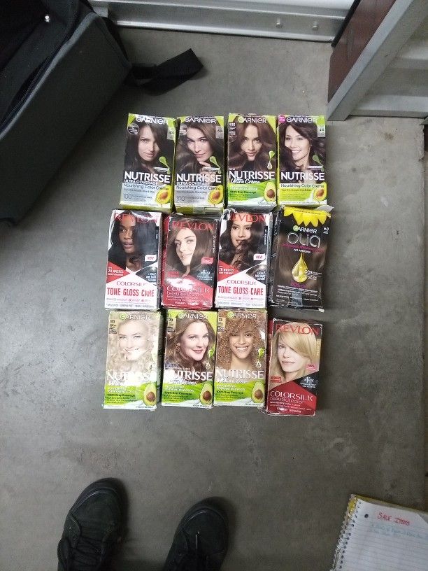 Hair Dyes. Brands Are Revlon, Garnier Nutrisse, Garnier Olia.