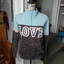 BABY BLUE, WHITE, BLACK & BROWN BLENDED 1/4 ZIP "LOVE" PULLOVER SWEATSHIRT 