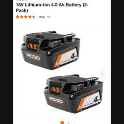 Brand New RIDGID 18V Lithium-Ion 4.0 Ah Batteries x2