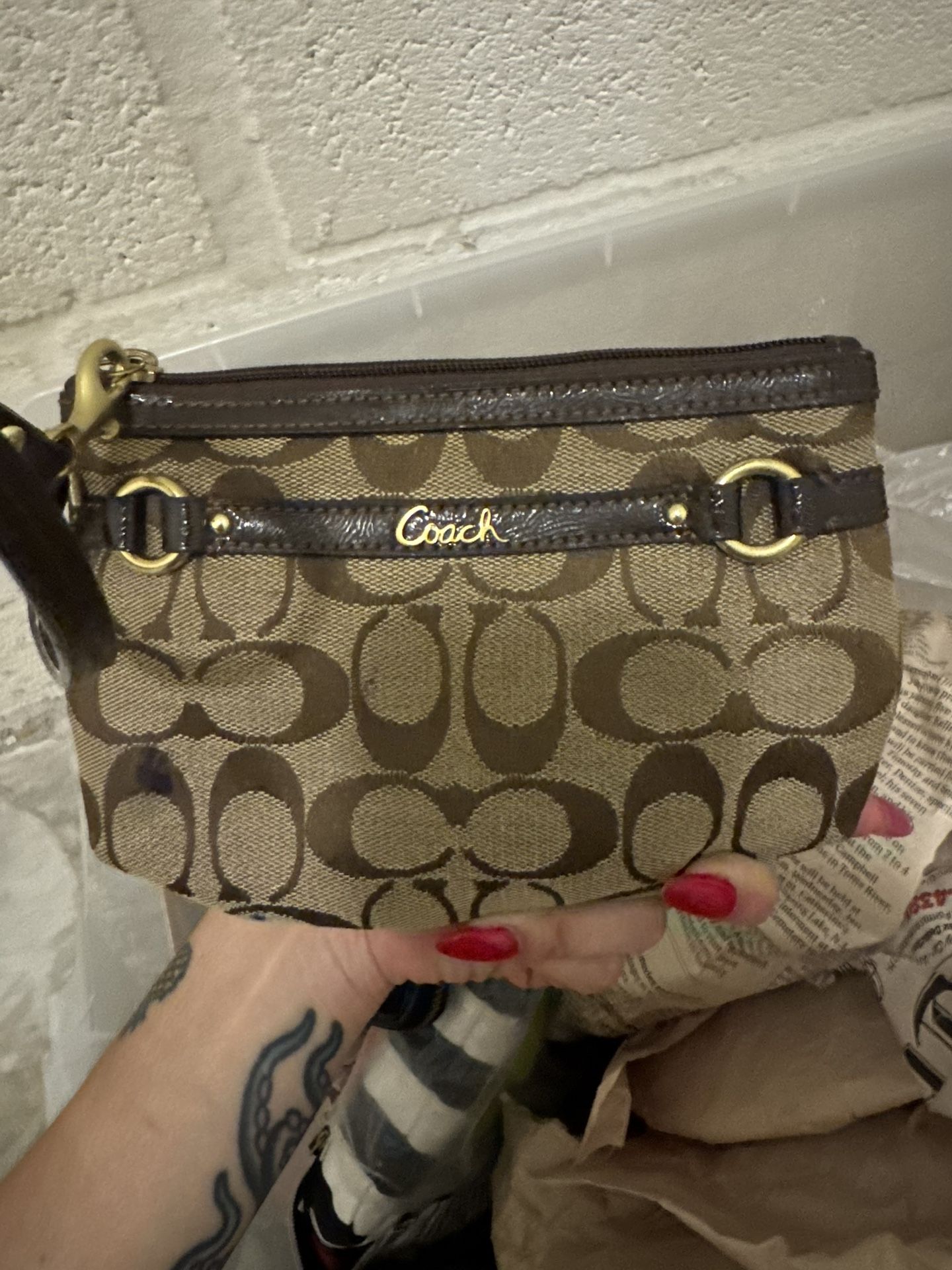 Coach Brown Logo Signature Beige Canvas Brown Trim Wristlet Wallet Purse Bag