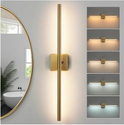Faziyo Gold Vanity Lights for Bathroom, 32 Inch 5CCT Selectable Dimmable, 360° Rotatable & Built‑in Dimmer, Hardwired, IP44 Waterproof, Wall-Mount LED