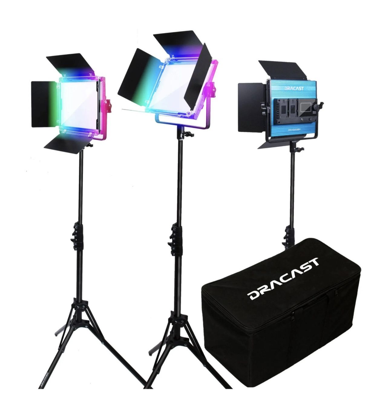 2x Dracast X Series LED500 RGB LED WITH TRIPOD LIGHT STAND Light Panel Interview Kit