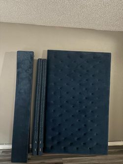 blue velvet upholstered headboard/bed frame set with nailhead trim
