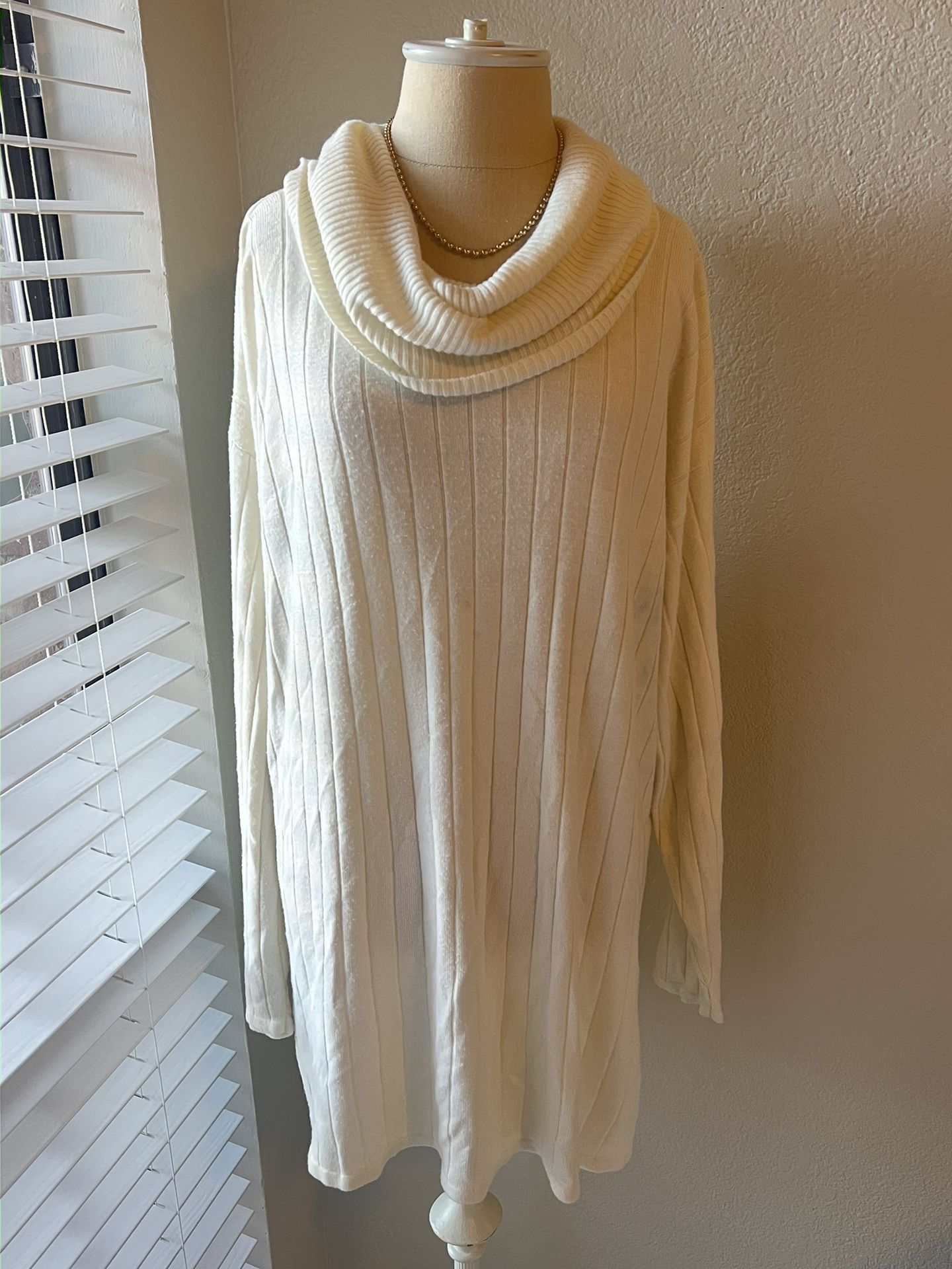 Ribbed Knit Sweater Turtleneck Cowl Tunic Cream size 2XL