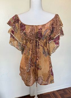 Chaudry KC Brown, Tan & purple animal print & paisley ruffled neck tunic top size large