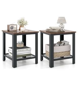 New Set of 2 Costaway Industrial 2 Tier Side End Table with Storage in Dark Walnut