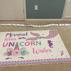 Mermaid and Unicorn Backdrop And Birthday Sign 