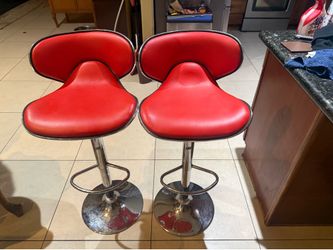 Set of 2 Red Adjustable Bar Stools Chrome Base – Retro Style