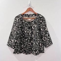 Michael Kors Linen Blazer Sz Large Women's 3/4 Sleeves Floral Tan Brown EUC