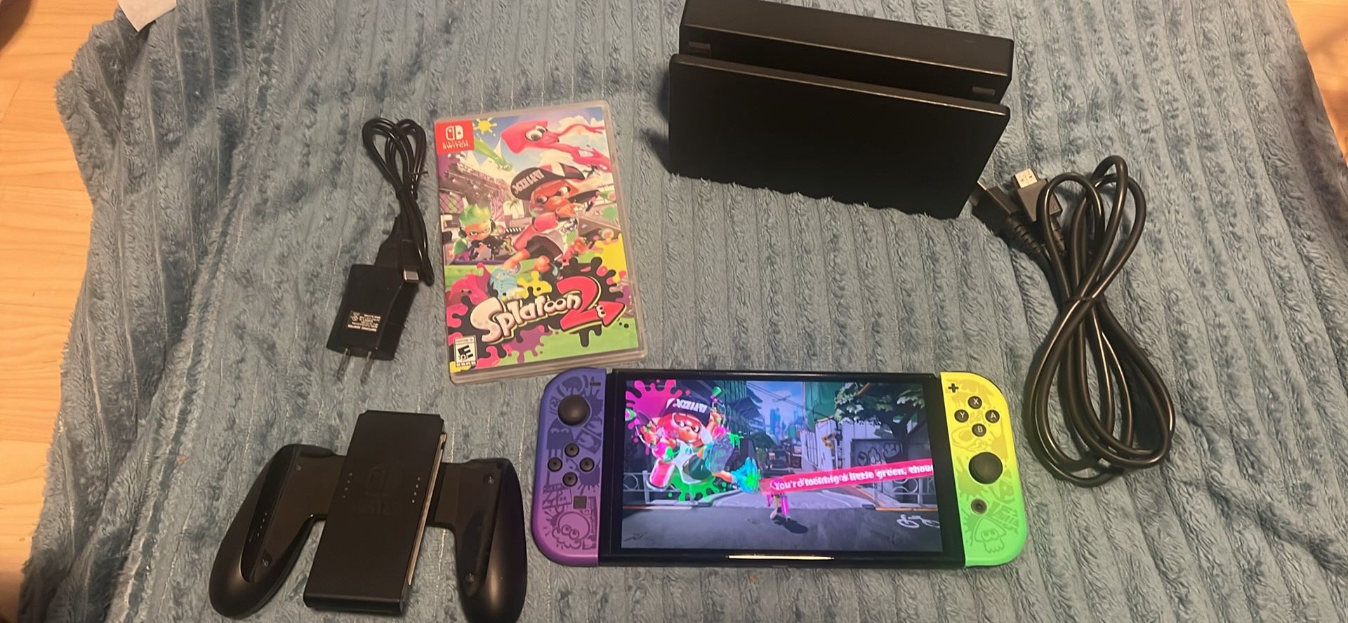 NINTENDO SWITCH OLED SPLATOON EDITION WITH SPLATOON 2 GAME, DOCKING STATION, JOYCON GRIP, 64 GIG MEMORY CARD AND HDMI