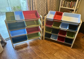 Two Kids Toy Organizer Shelves - 4-tier storage each, 24 bins