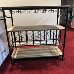 45in Industrial Wood Shelf Bar & Wine Storage Service Cart Trolley w/ 14 Bottle & 18 Glass Racks, Locking Caster Wheels