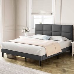 363  Queen Bed Frame Upholstered Platform with Headboard, Strong Frame and Wooden Slats Support, Linen Fabric Wrap, Non-Slip and Noise-Free,No Box Spr