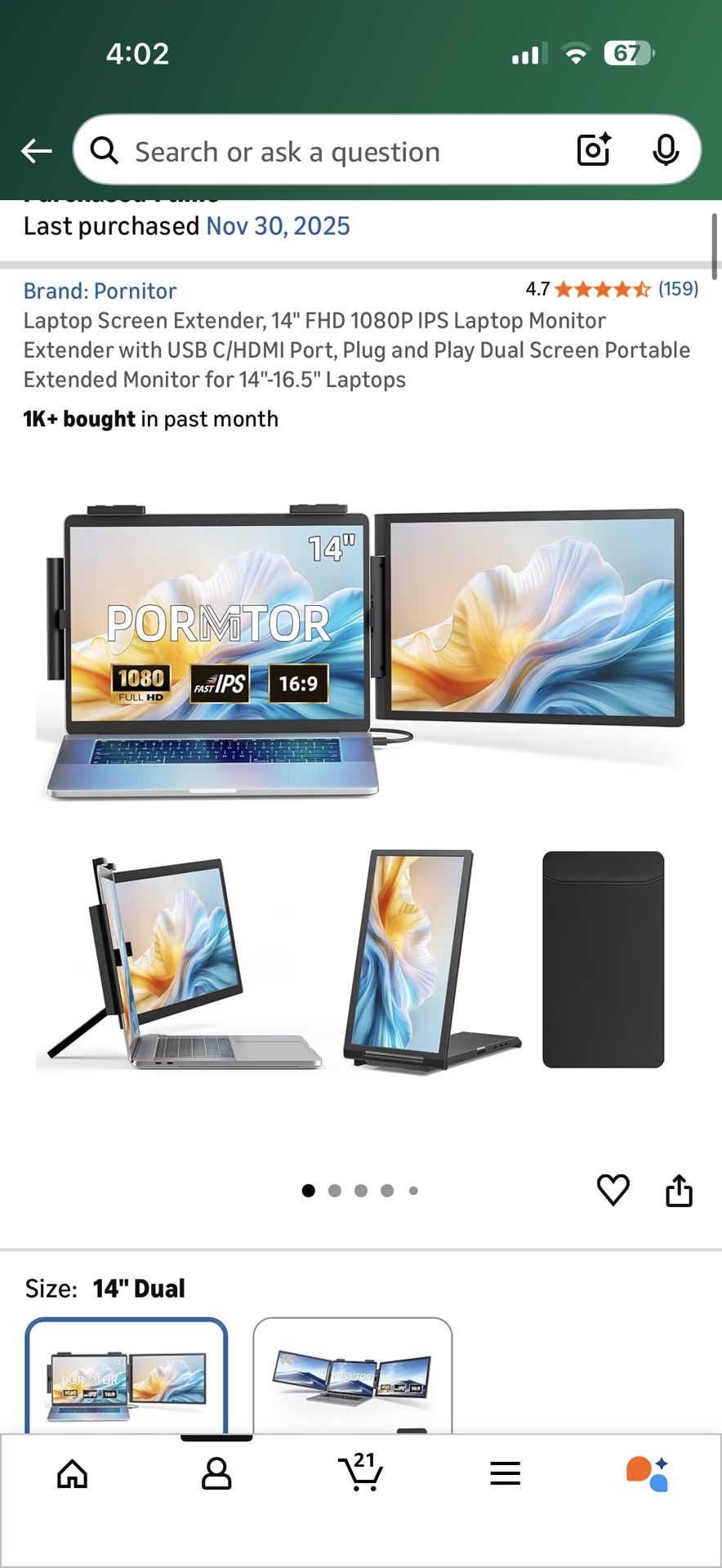 14” Dual Laptop Screen Extender – FHD 1080p IPS – BRAND NEW