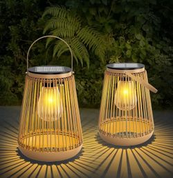 Solar Lanterns Outdoor Waterproof with Metal Base 1 Pack, Rattan Lanterns Hanging Solar Lanterns, Solar Lights Outdoor, Gifts for Women Mom Grandma, G