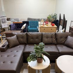 Brown PU Sofa Chaise 4-Seater with Ottoman, Cup Holder, Grid Backrest & Thick Foam-Padded Cushion, Traditional, L-Shaped Couch for Living Room, Apartm