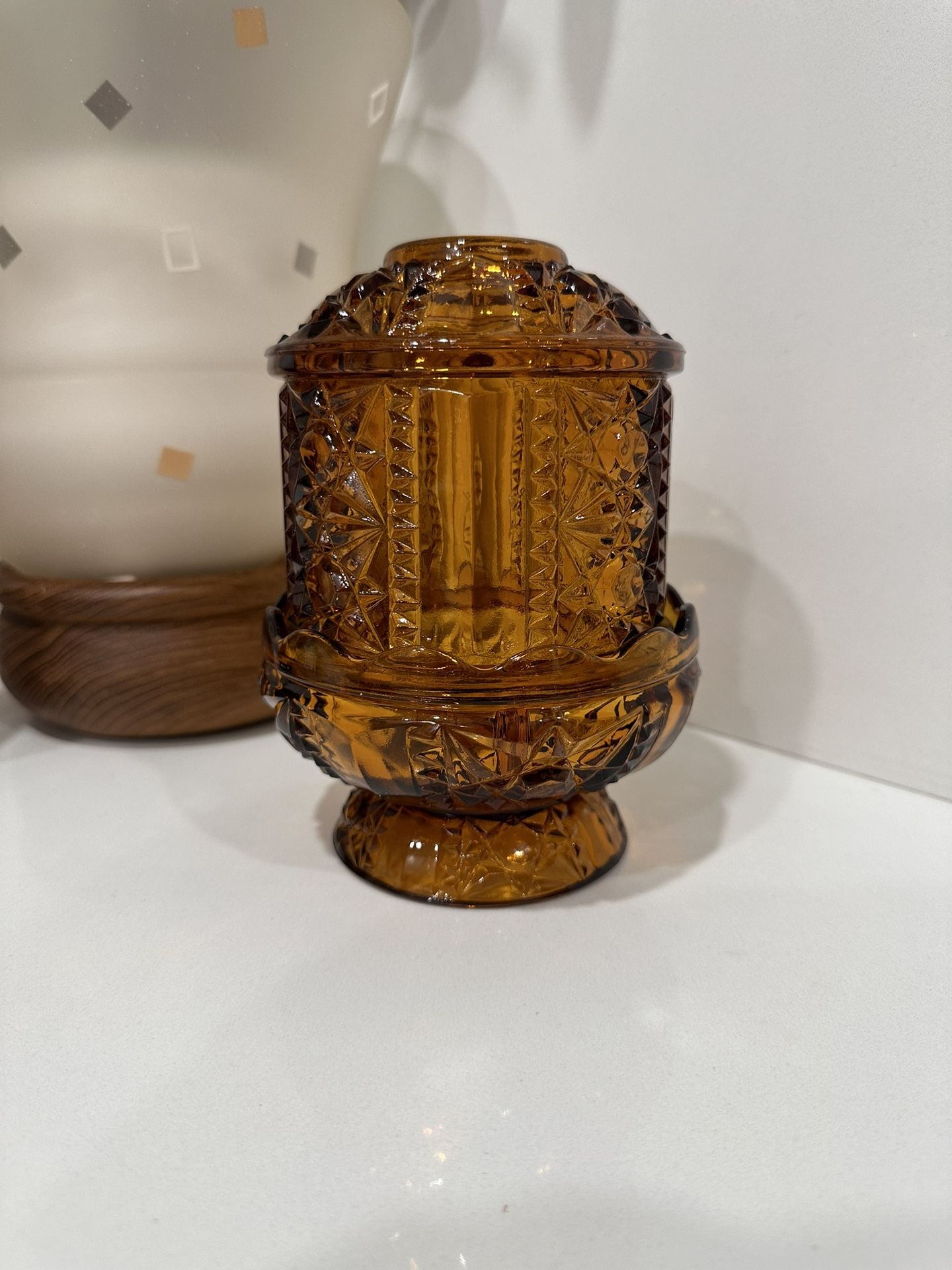 Vintage MCM Indiana Glass Amber Stars And Bars Fairy Lamp Mid Century Modern